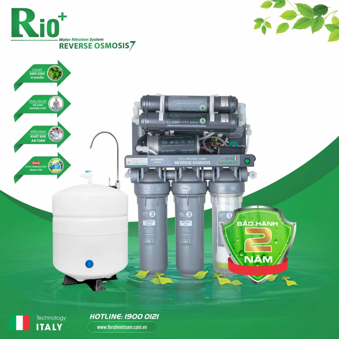 Máy lọc nước R.O không vỏ tủ Bamboo Rio linh kiện nhập khẩu từ Italy