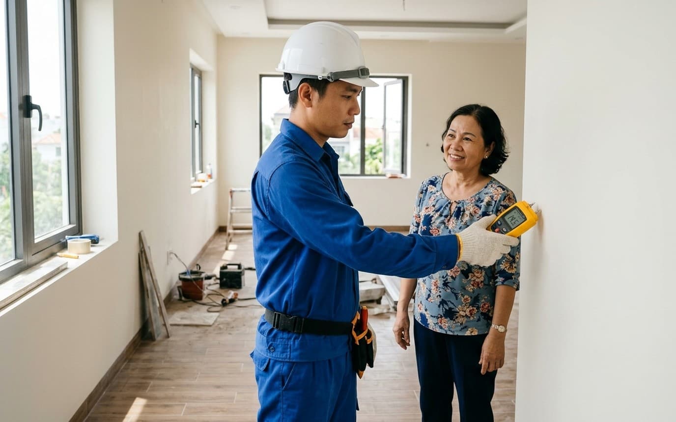 Kỹ thuật viên khảo sát tường nhà cùng gia chủ